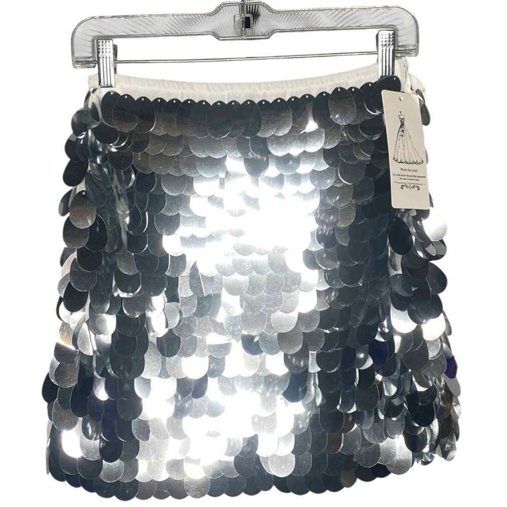 Y2K Skirt women's Silver large Sequin Mini stretchy lined fairycore club W 27in